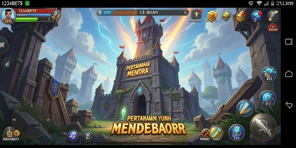Tampilan gameplay 1234BETS saat mempertahankan menara dari serangan musuh.
