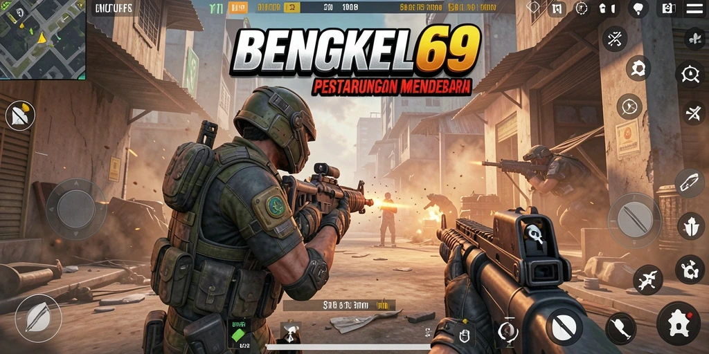 Tampilan gameplay mendebarkan dari BENGKEL69, penuh aksi FPS.