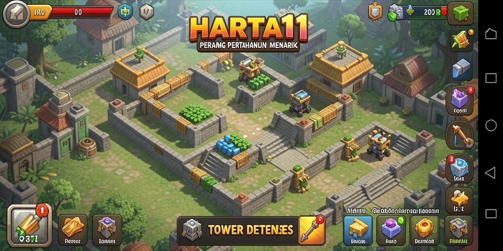 Tangkapan layar gameplay HARTA11 menunjukkan pertempuran tower defense yang seru.