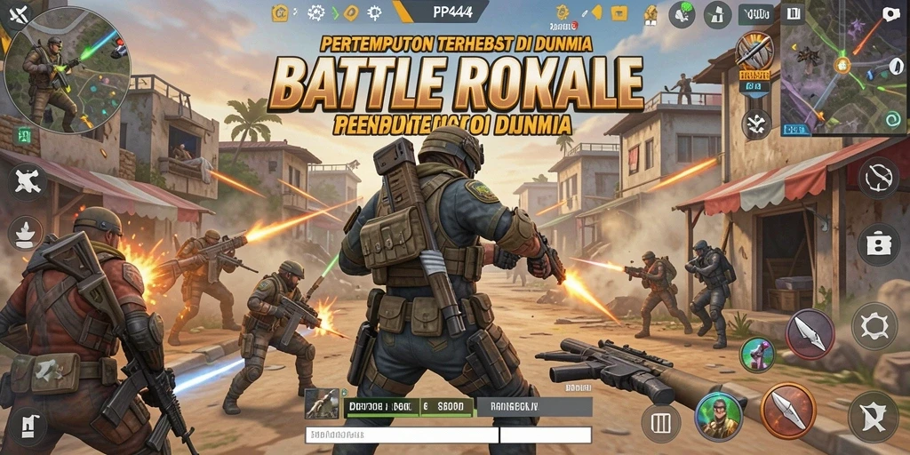 Tangkapan layar utama menunjukkan aksi seru dalam gameplay Battle Royale.