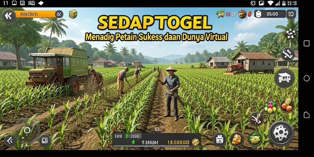 Tangkapan layar utama SEDAPTOGEL yang menampilkan aktivitas bertani yang seru.